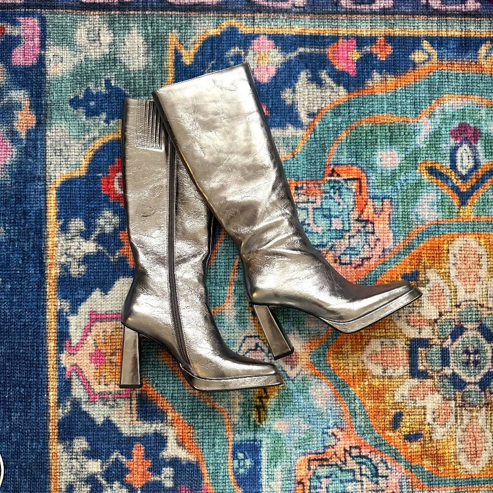 Jeffrey Campbell Crinkled Silver Knee-High Block Heel Boots - Picture 11 of 13